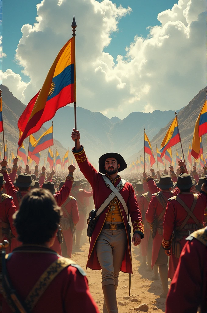 The capitulation of the Spanish forces, patriotic soldiers celebrate, while Bolivar watches with a discreet smile 
