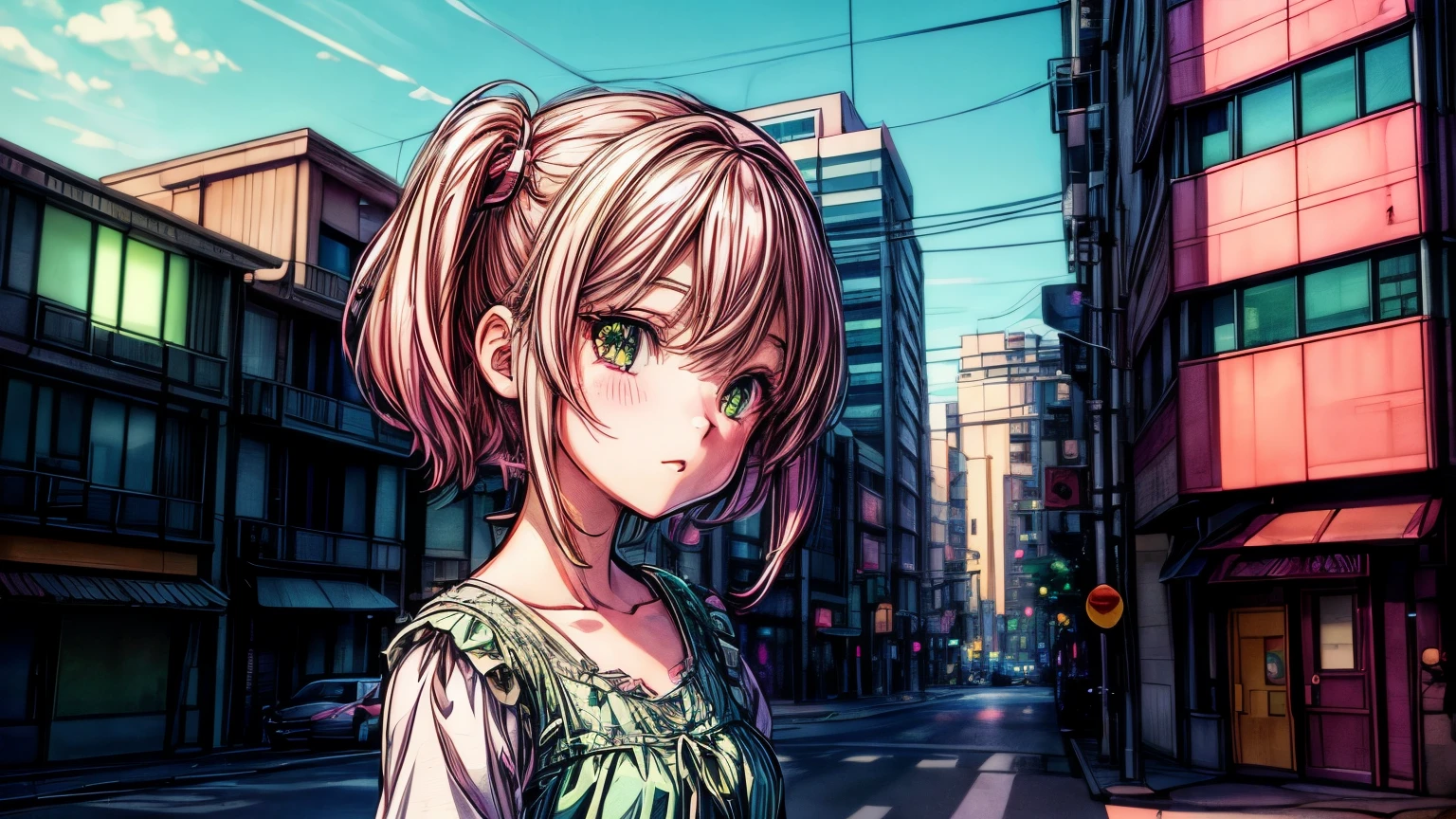 Ultra detailed illustration of a cute woman, Idol singer, sweetloli, light pink hair, green eyes, kawaii, ((Ultra detailed face)), ((Focus on the face)), modern urban environment, anime style of MSchiffer, (( Studio ghibli fused with pixar) bright colors, high saturation, Medium shot, Flat colors, cell shading, Screenshot,
