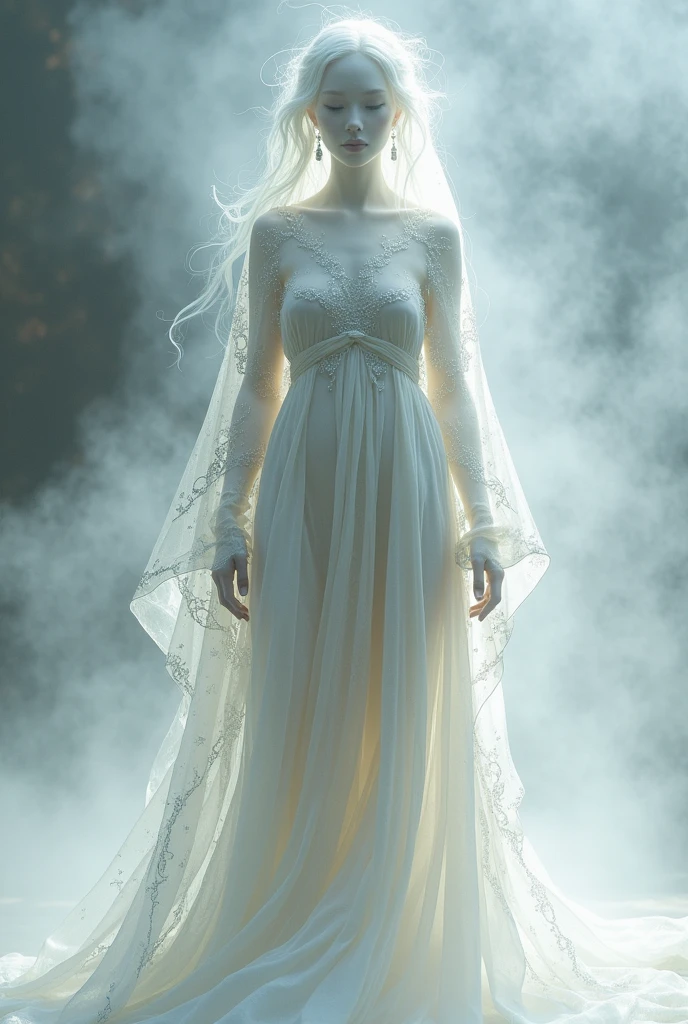 A genderless humanoid silhouette made of carved crystal. Your face is a smooth, reflective surface. Wears white robes made of a light, flowing fabric, with silver details like a large web of cobwebs. Its translucent body is filled with a white mist where silver runes float freely..