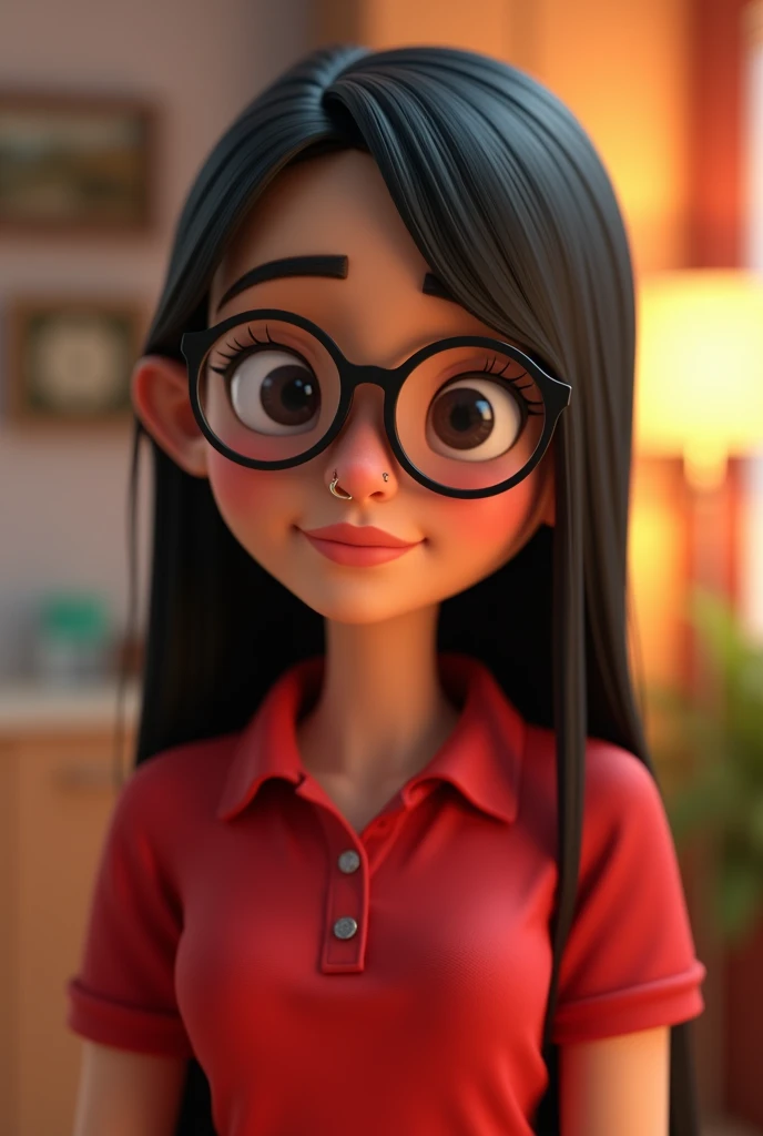 Cartoon characters of a young woman BALANCED SKIN MEDIUM BRUNETTE, straight hair, long and black, with glasses, WITH NOSE EARRING AND A RED POLO SHIRT animation style rendering, 3D stylized, Arnold Maya rendering, Render 3D stylized, , 3D character, 3D character, Stylized 3D rendering, 3d character rendering, cartoon character, Close-up character, Character pose, (pixar style) (master part:1.2) (bokeh) (Best Quality) (detailed skin) (detailed texture) (8k) (clay) (cinematic lighting) (sharp focus
