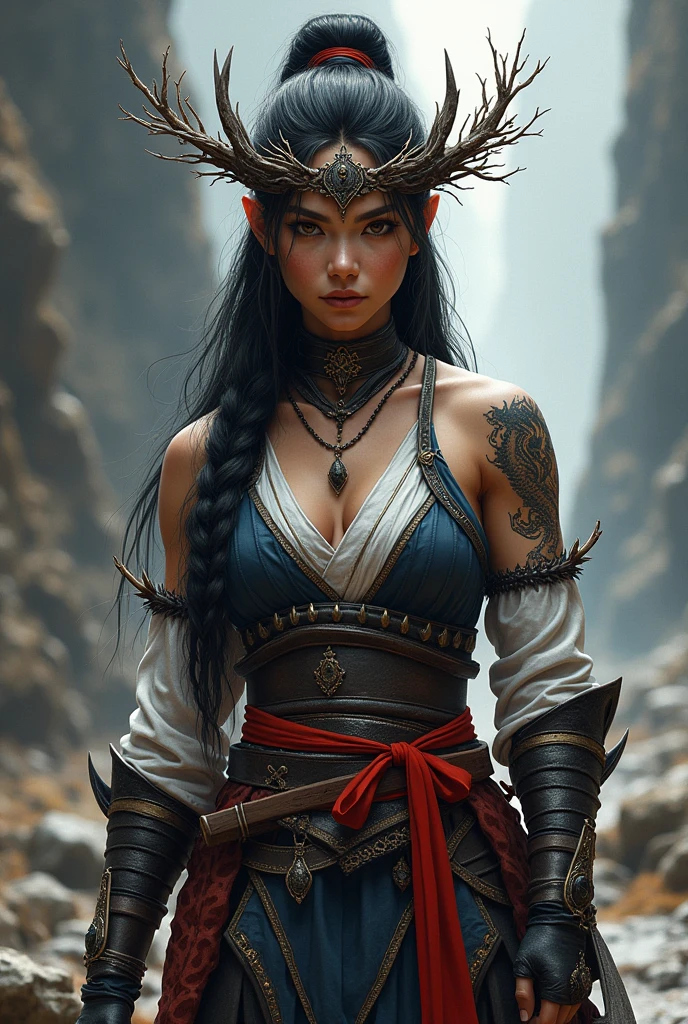 Make a warrior, she has dark brown skin, has a long, single braid, she holds a double-edged axe with white and blue colors, and his armor is black with red details.On her head she has a tiara of branches that goes from the back of her head to the beginning of her forehead, over your ears, She has a black and a white oriental dragon tattoo on her arms