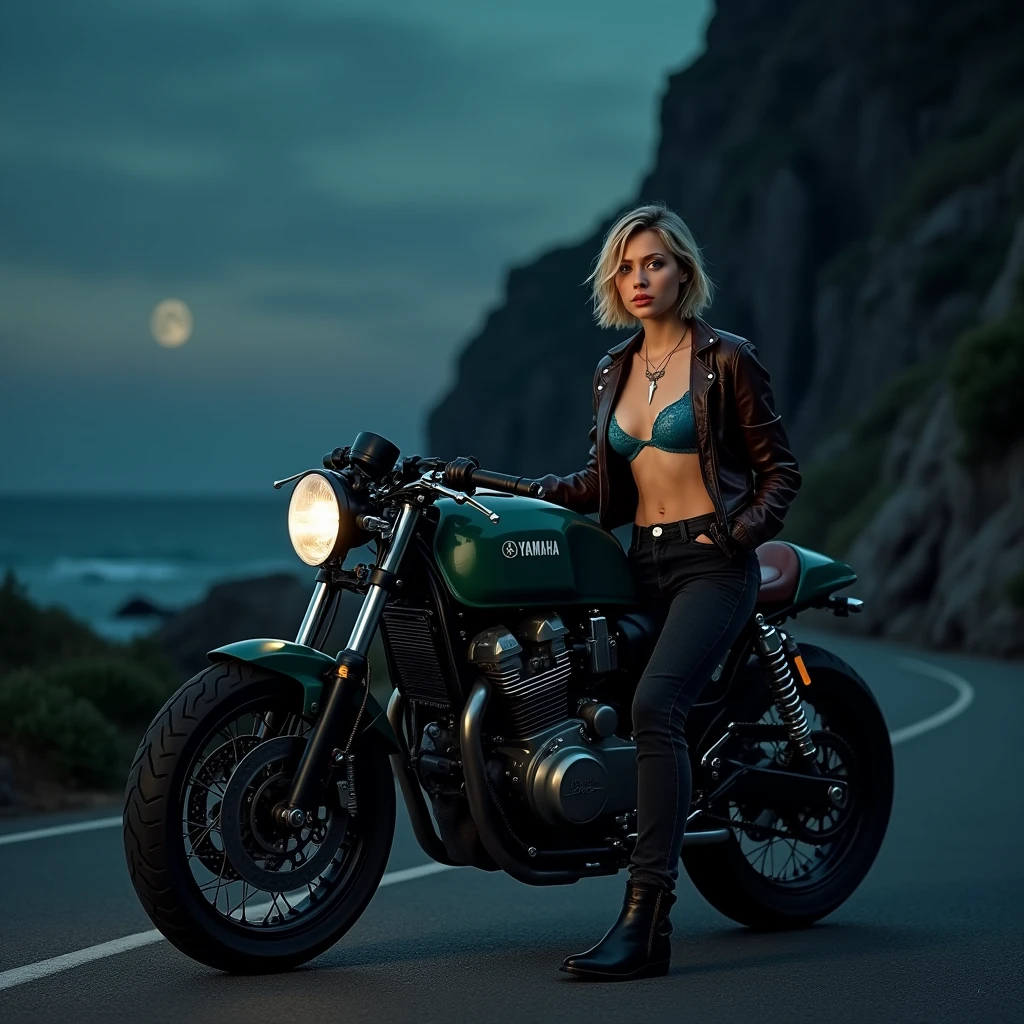 crée une image haute qualité 4K, photo réaliste, une moto, vu trois quart de type café racer, marque Yamaha xjs900 de couleur vert bouteille posée sur sa béquille, doucement teinté par les reflets de la lune, elle se trouve sur une route sombre, falaise longeant la mer, Le ciel est illuminée par les lueur des étoiles, avec quelques nuages épars avec derrière le personnage femme 30 ans Hayden Panettiere nette, yeux bleu perçant, taquin, peau bronzé, cheveux blond coupé court et légèrement ondulés, tombent librement autour du coup, avec un pantalon de type jeans noir usé et troué, épais près du corps, avec des bottines ouverte, elle est seins nue, avec une veste cuire moto ouverte, bras droit tendu, mains porte soutien gorge dentelle bleu par bretelle, un collier avec pendentif poignard,