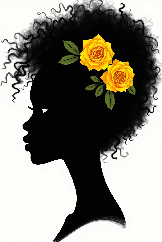 silhouette abstract drawing of a black woman&#39;s face in profile, looking serious forward with her curly hair and yellow roses in her hair on her face and the background being totally transparent
