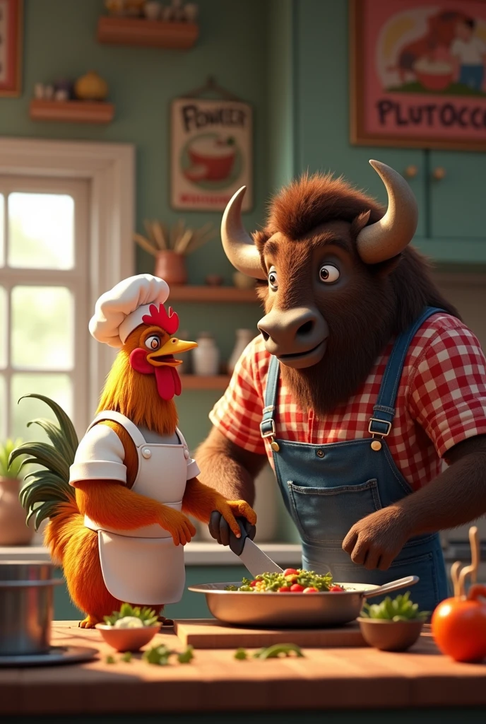 generate an animated image of a friendly cooking rooster to a muscular American buffalo cook