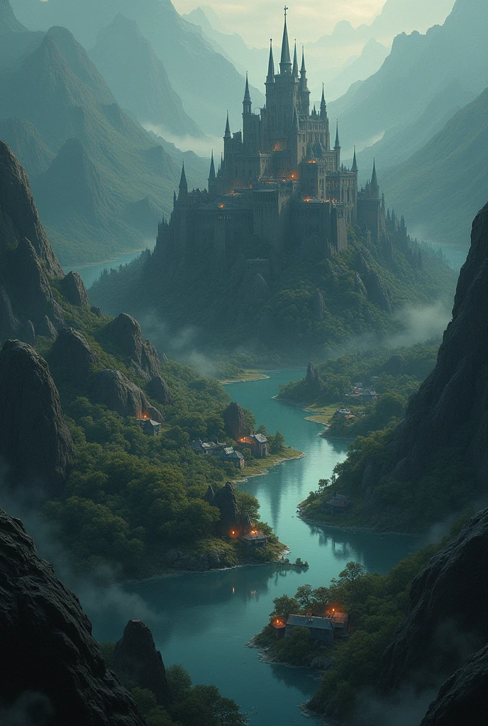 create a map of a dark fantasy universe with castles, lakes and communities and very large