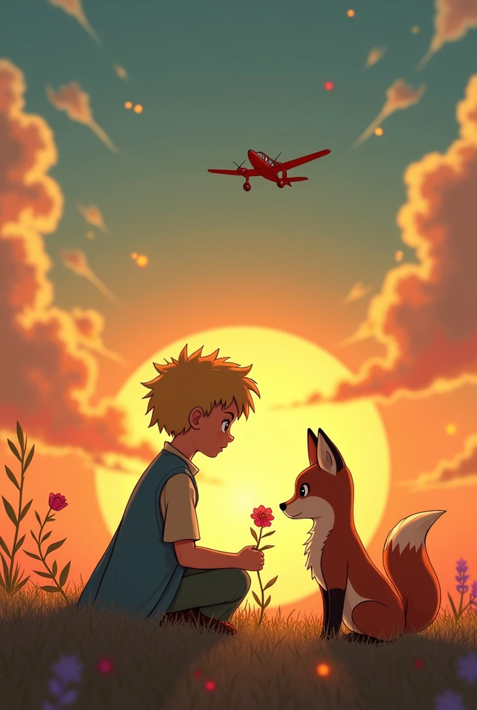 Create a theater poster for the play The Little Prince where you can see the little prince sitting next to the fox and his flower watching the sunset in a very tender way and a small plane in the sky.