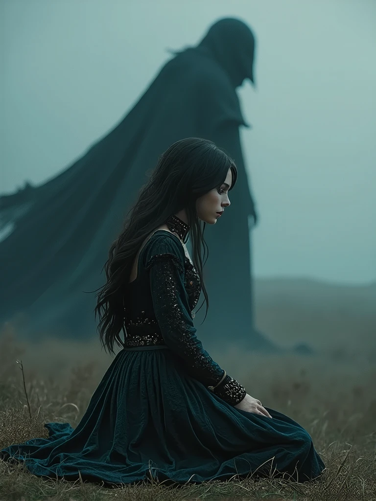 a dark fantasy landscape, a kneeling girl in the foreground, long flowing dark hair, pale skin, detailed intricate dress, ornate jewelry, dark shadowy figure looming behind, glowing eyes, a sense of reverence and fear, moody dramatic lighting, deep rich colors, cinematic composition, (best quality,4k,8k,highres,masterpiece:1.2),ultra-detailed,(realistic,photorealistic,photo-realistic:1.37),dramatic lighting,chiaroscuro,dark fantasy,gothic,mystical,cinematic