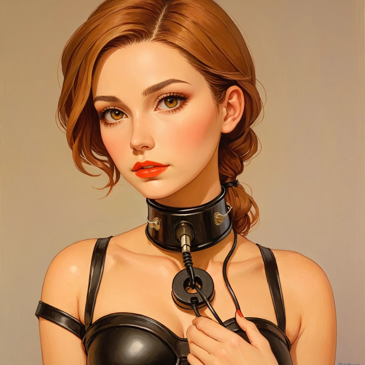 , a beautiful woman, plug gag, closed mouth.
