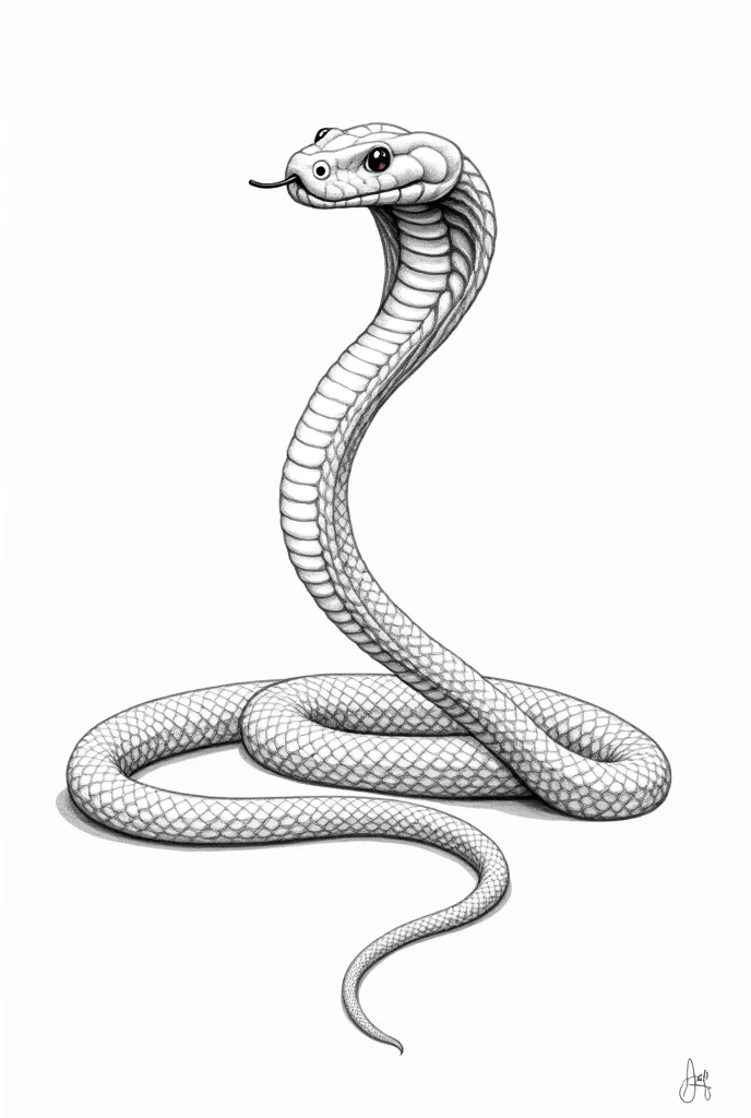 A black and white drawing of a long viper with its mouth closed