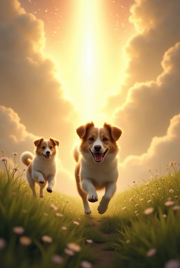 Small mixed breed dog entering heaven from behind mixed breed dog on his back