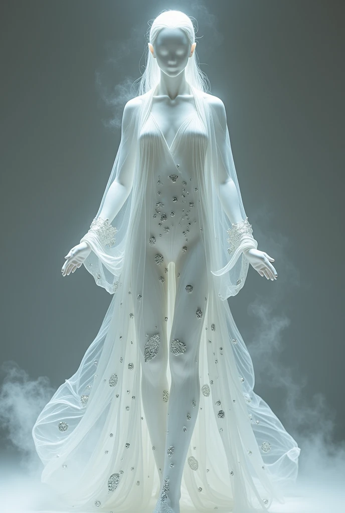 A genderless humanoid silhouette made of carved crystal. Your face is a smooth, reflective surface. Wears white robes made of a light, flowing fabric, with silver details like a large web of cobwebs. Its translucent body is filled with a white mist where silver runes float freely..