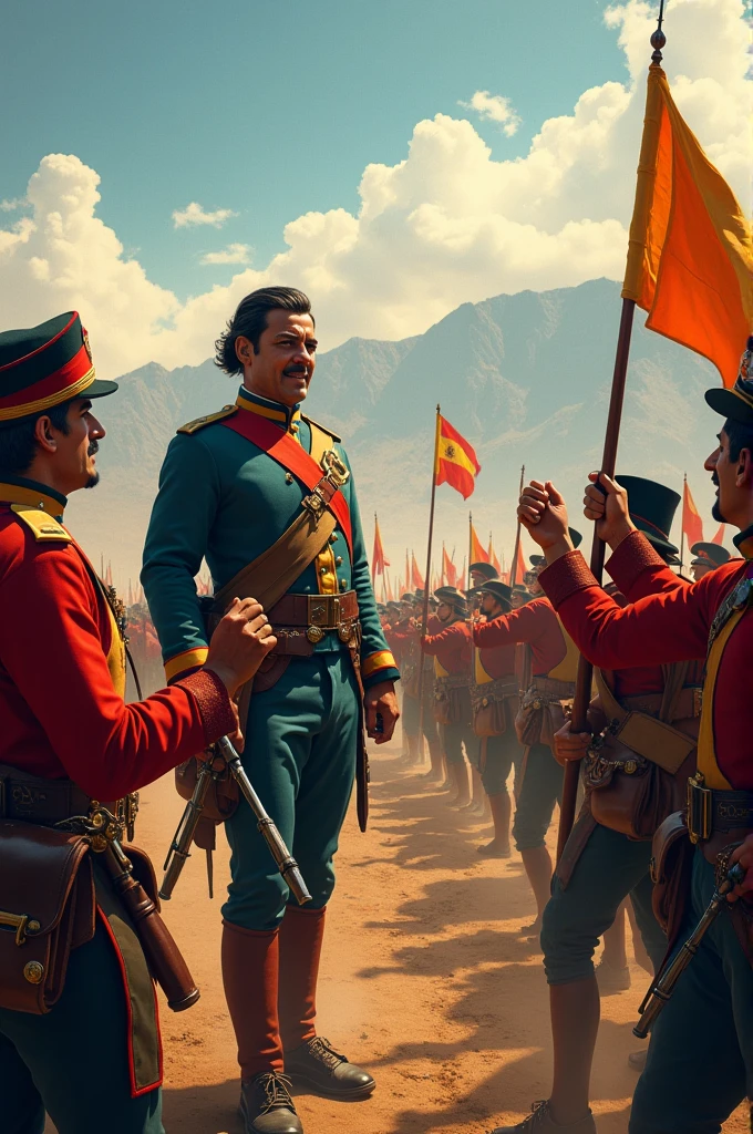 The capitulation of the Spanish forces, patriotic soldiers celebrate, while Bolivar watches with a discreet smile
