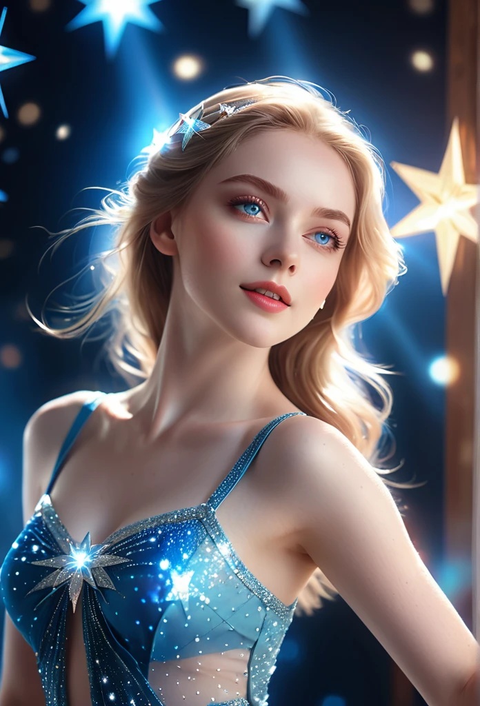 Pale skin and blue eyes, A woman with a perfect face, Shining Star, Dance with a dreamy expression as if you are dreaming, Camera angle capturing the upper body above the hips, clear resolution, Cinematic lighting, Clear picture quality, best illustration, Bright Themes, soft lighting, animated movie,