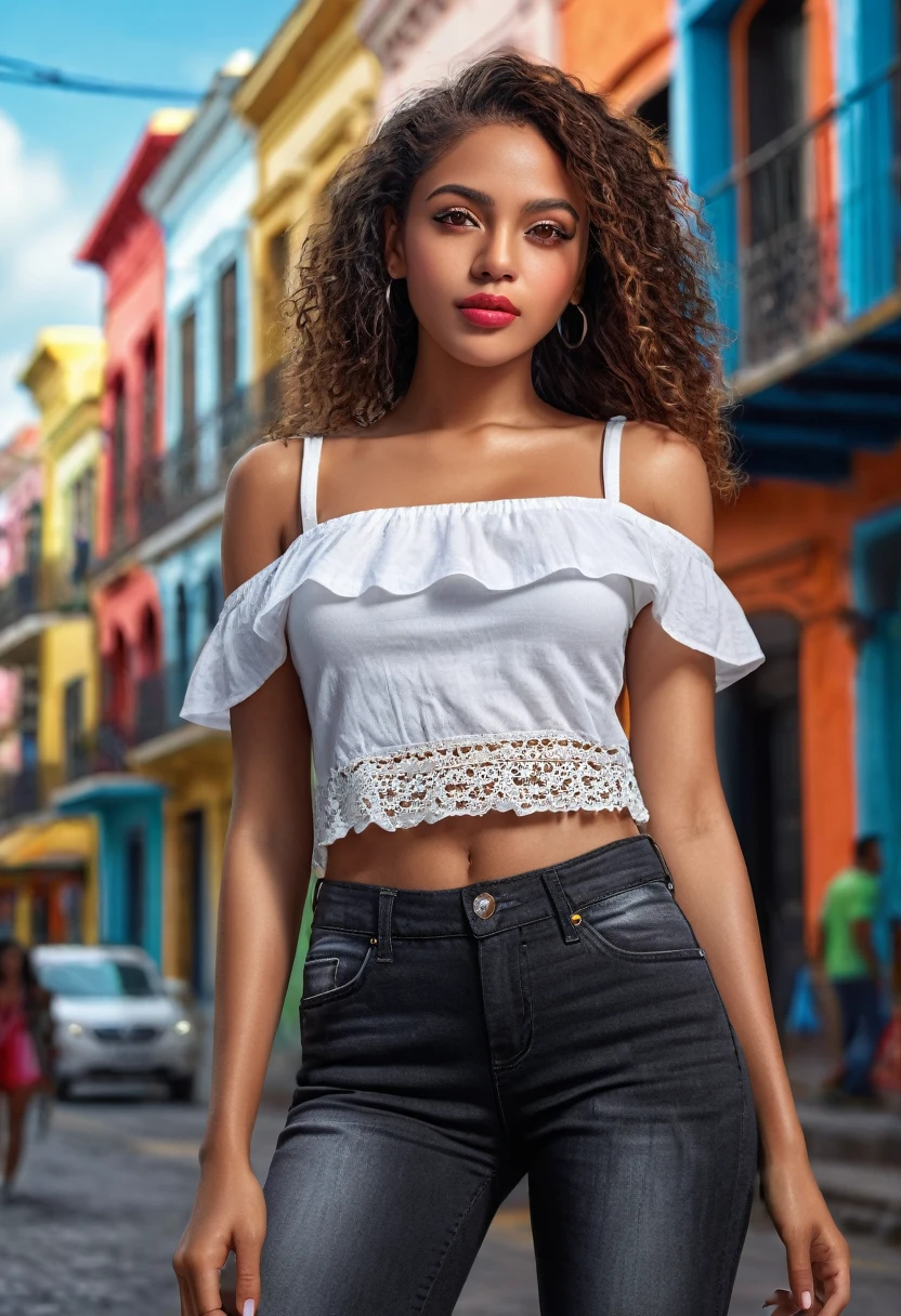 a beautiful mixed caribbean girl, extremely detailed full body, beautiful detailed eyes, beautiful detailed lips, extremely detailed hands and face, fit girl, white graphic top with black denim jeans, city scene. vibrant colors, natural lighting, (best quality,4k,8k,highres,masterpiece:1.2),ultra-detailed,(realistic,photorealistic,photo-realistic:1.37),portrait,landscape