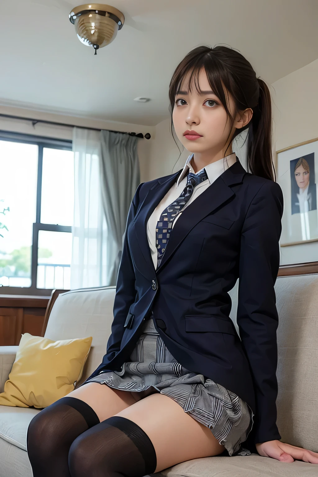 ((masterpiece:1.4))、((flying debris:1.4))、((1:1.4))、((Twin tail hair:1.4))、((Cowboy Shot:1.4))、((Front shot:1.4))、((Shooting from below:1.4))、((sitting on the couch in the living room:1.4))、((Checkered Pleated Skirt Lift:1.7))、((High School Uniform Tie:1.4))、Very sexy outfit, ((and a cobalt blue blazer suit:1.4))、((in a cobalt blue blazer uniform:1.4))、((Skirt Lift:1.5))、((Black knee-high socks:1.5))、Sexy look,((Woman with sad expression:1.4))、