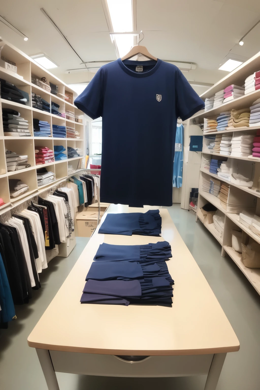 school uniform factory, Shirts,blue, blamca, beige modern, with a lot of merchandise,