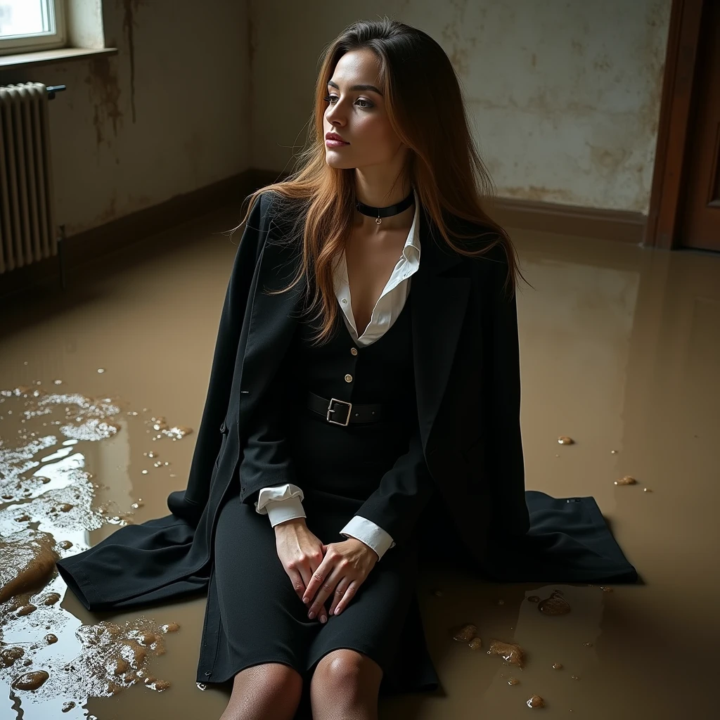 A super realistic photo of one slender business goth lady, model-like appearance with long hair. She is dressed in a long and black and ripped business pencil skirt made from cotton fabric, black and muddy and torn business jacket made from cotton and wool fabric. black business vest, white muddy shirt, stockings, black choker on the neck. She located in very muddy and very flooded office. She sitting in flirtatious and modest pose, deep in the water and liquid mud, dips her head in the liquid mud and ripped her clothes, smear a lot of liquid mud on own clothes and torn it by hand. She keep chunks of her torn clothes in hands crumpled and muddy. All her clothes is muddy, torn, ripped and sloppy, her black business pencil skirt and jacket are very stained in a liquid mud and dirt. She look like have played in mud in a large swamp with brown liquid mud, her clothes covered with liquid mud from head to toe. The studio light brilliantly illuminates all her clothes in details, casting small shadows and emphasizing the texture of the mud on her clothes. Please focus on stains of liquid mud on her clothes. View angle of the camera from top and left from the business lady.