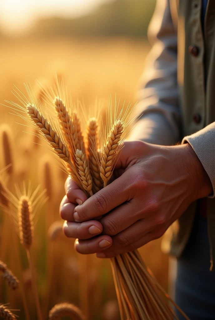 Ears of wheat in the hands of an adult. Harvest concept