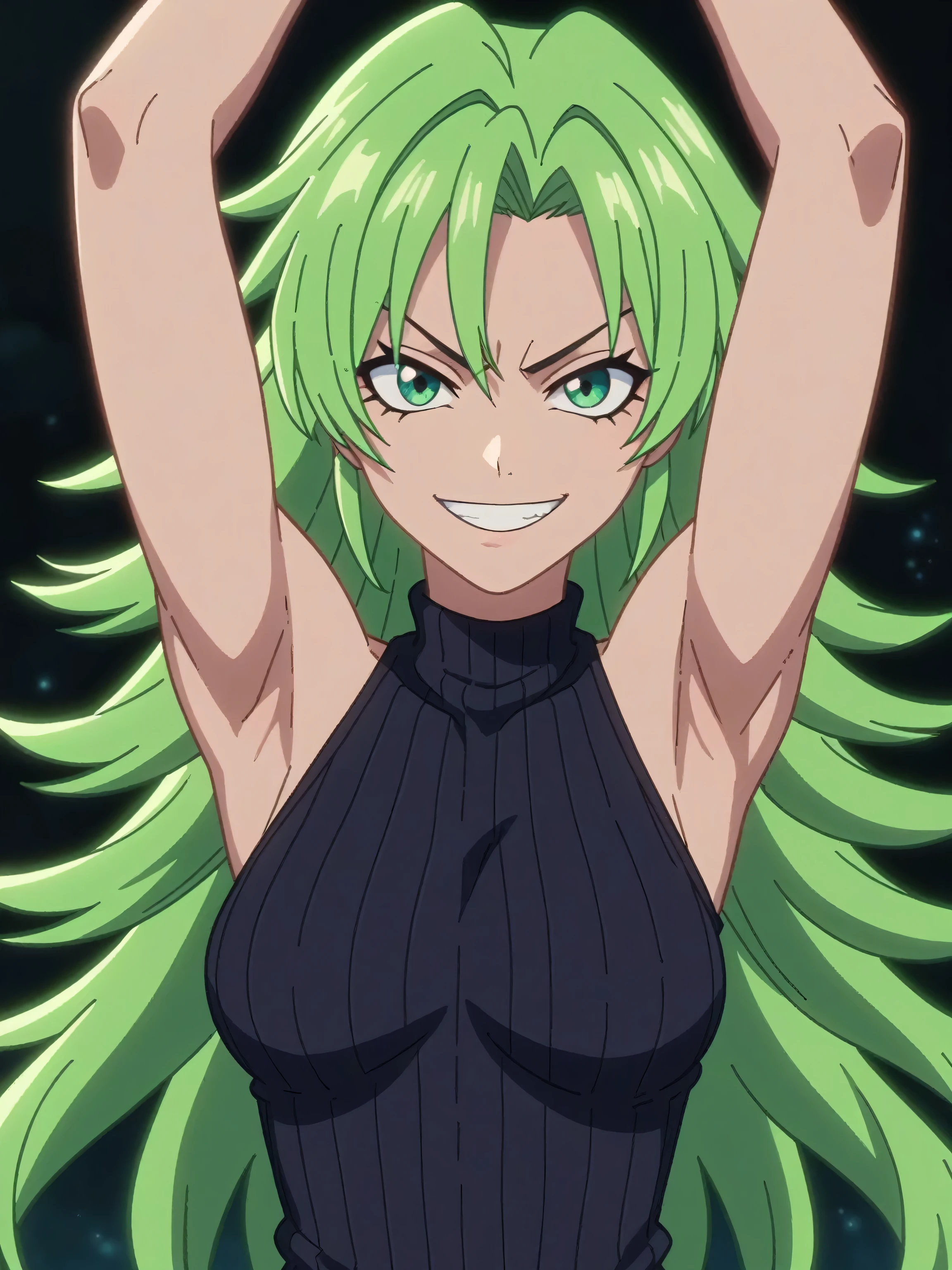 score_9, score_8_up, score_7_up, source_anime, anime screencap, black background, 1girl, solo, Candice Catnipp, green hair, long hair, green eyes, medium breasts, sweater, ribbed sweater, ribbed, turtleneck, turtleneck sweater, black sweater, sleeveless sweater, sleeveless, bare shoulders, looking at viewer, eye contact with viewer, evil smile, smug, arms up, raised arms, armpits