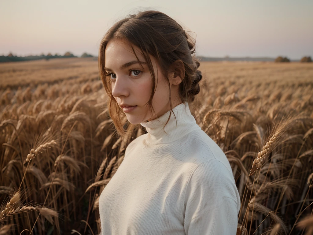 A still from an aesthetically pleasing music video of a girl in a white turtleneck and with brown hair standing against a red wheat field, in a close-up shot with a minimalist, aesthetic style. The image has a grainy film filter, warm colors, and soft lighting, showcasing a fashionable, minimalistic look