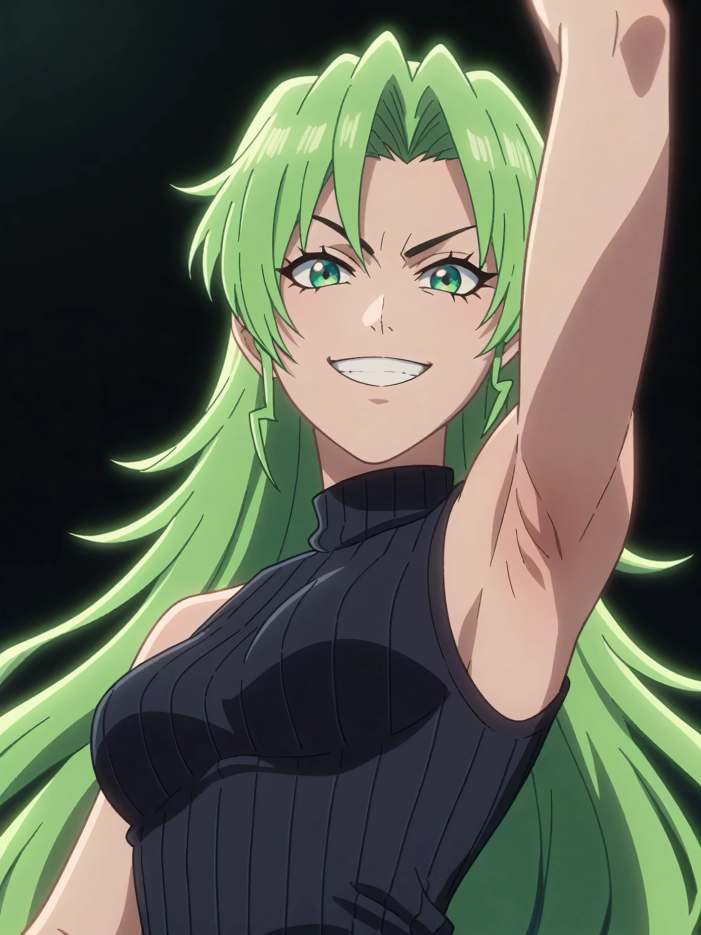 score_9, score_8_up, score_7_up, source_anime, anime screencap, black background, 1girl, solo, Candice Catnipp, green hair, long hair, green eyes, medium breasts, sweater, ribbed sweater, ribbed, turtleneck, turtleneck sweater, black sweater, sleeveless sweater, sleeveless, bare shoulders, looking at viewer, eye contact with viewer, evil smile, smug, arm up, raised arm, armpit, from side, from below, 