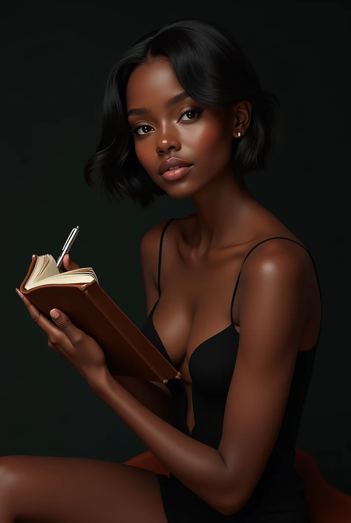 Beautiful black girl, student, holding book and pen, seductive, pose, cute,  low haircut, sexy pose, realistic, high esolution, detailed, black background 