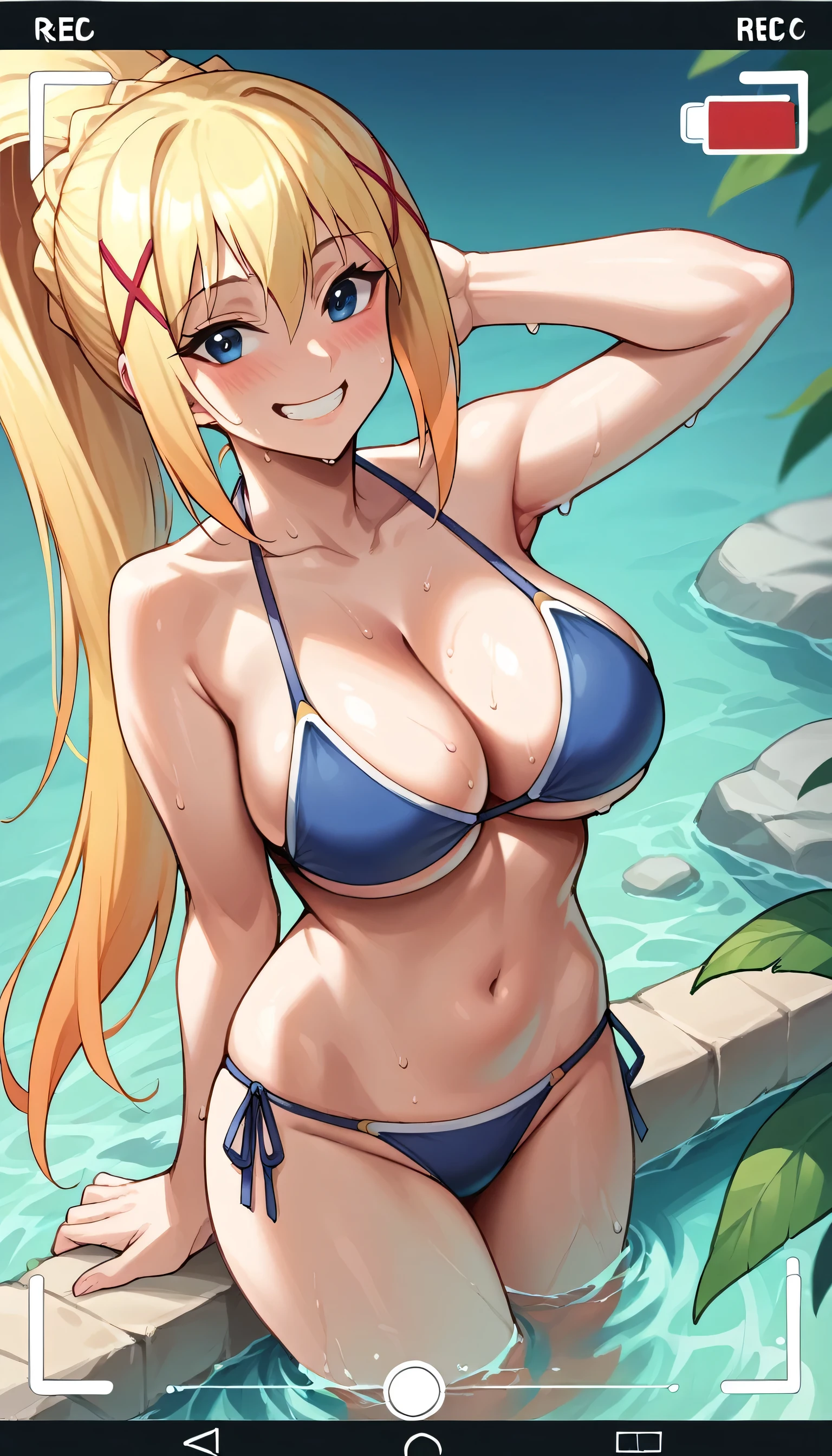 side-tie bikini, breasts, 1girl, bikini, swimsuit, bikini, wet, smile, navel, solo, viewfinder, phone screen, looking at viewer, grin, wading, large breasts, water, braid, collarbone, cleavage, user interface, recording, blush, darkness \(konosuba\), long hair, blue eyes, blonde hair, hair ornament, ponytail, braid, x hair ornament