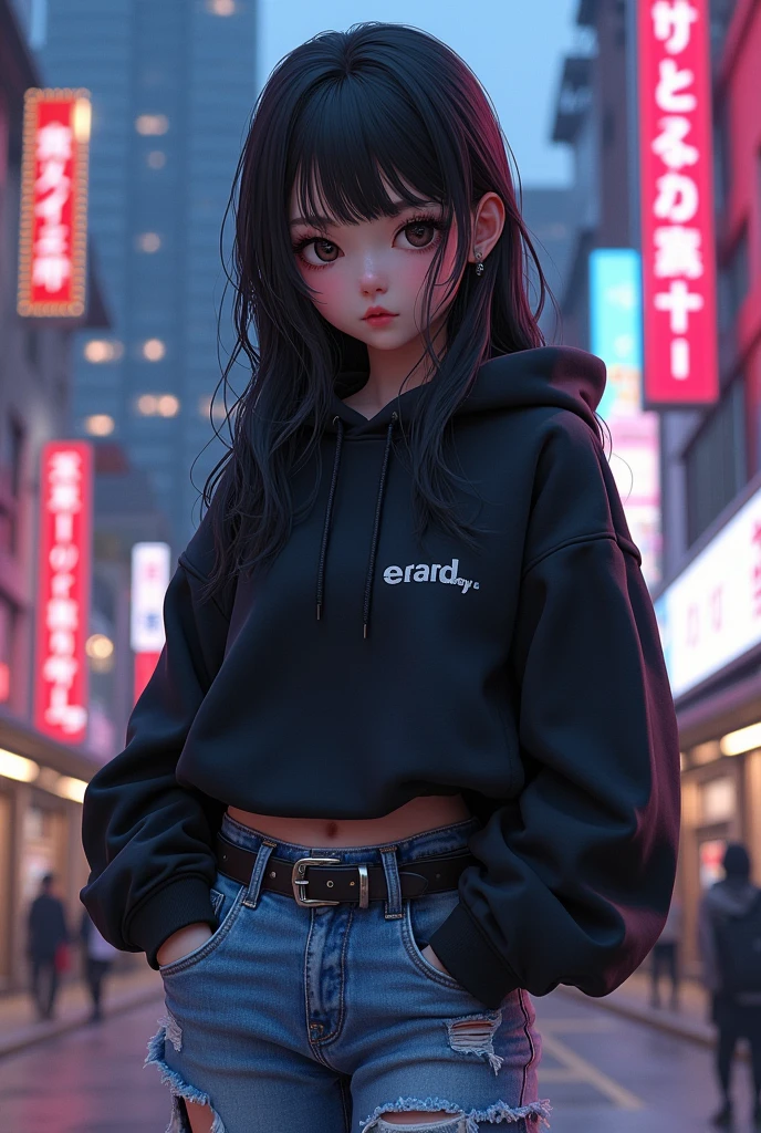a Japanese girl, with black hair and black eyes with street style