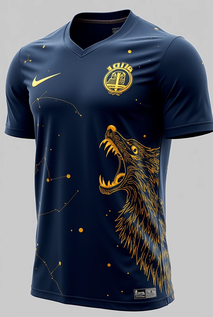 I need a shirt for the interclass with the color navy blue and gold with constellations. This shirt must have Nike's sponsorship in gold. And in the lower right corner of the shirt a fierce wolf showing its navy blue and gold teeth, being golden as predominant