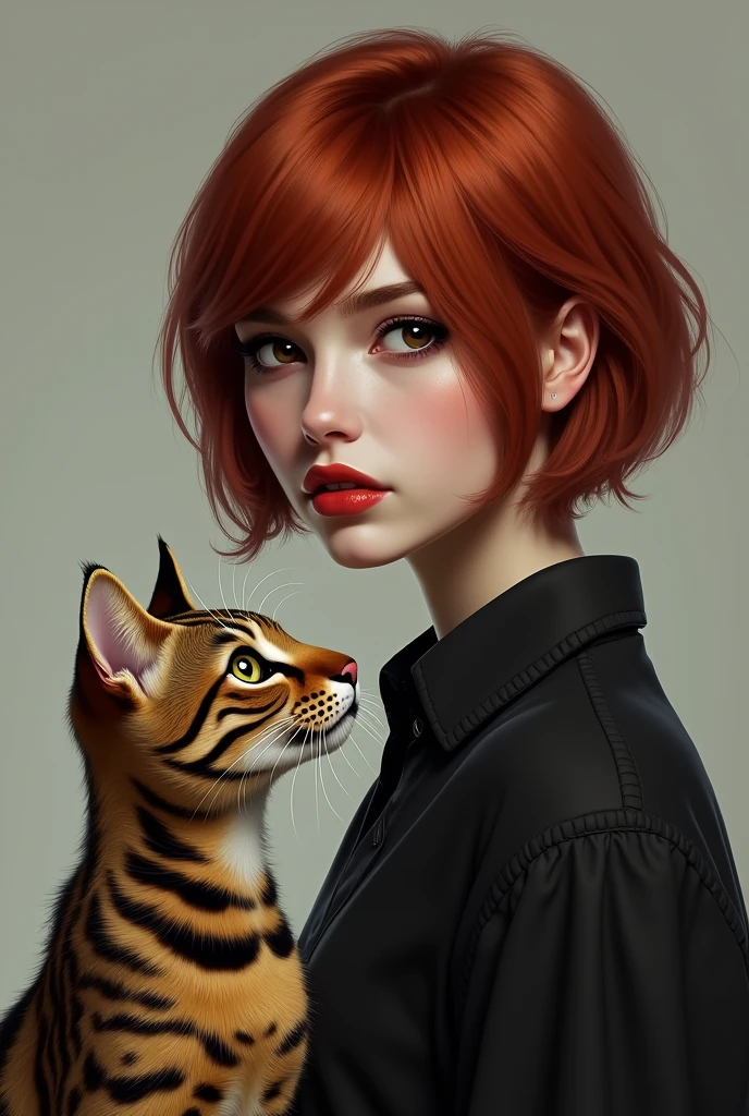 Brunette girl with short red hair and red lips, oval-face, normal body build, not skinny with black eyes, next to his Bengal tabby cat staring at each other