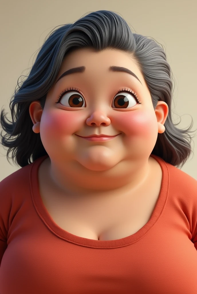 Pixar style image of a Japanese woman, obese, with tiny, slanted brown eyes , brunette skin ,gray hair , slickedback hair, at shoulder height ,  rounded face, Disney makeup