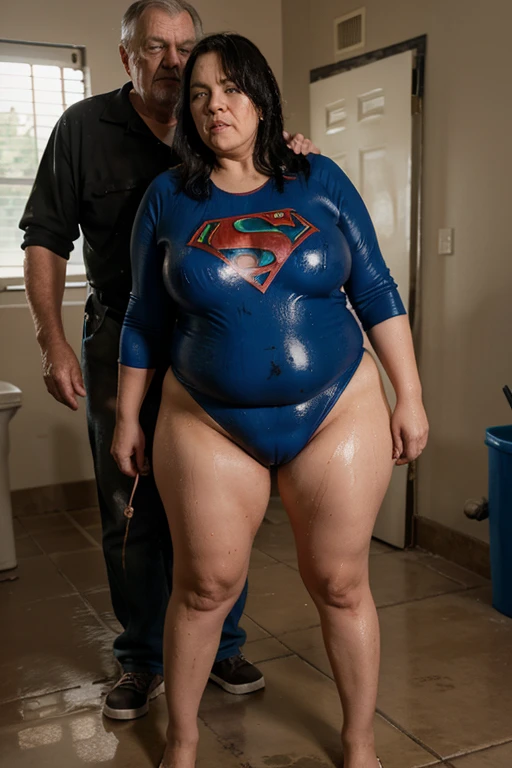 bbw superheroine is standing and paralyzed in front of an old man who caresses her, full body, mature bbw, submissive and exhausted, urinating and defecating standing, wet and dirty clothes, face ahegao