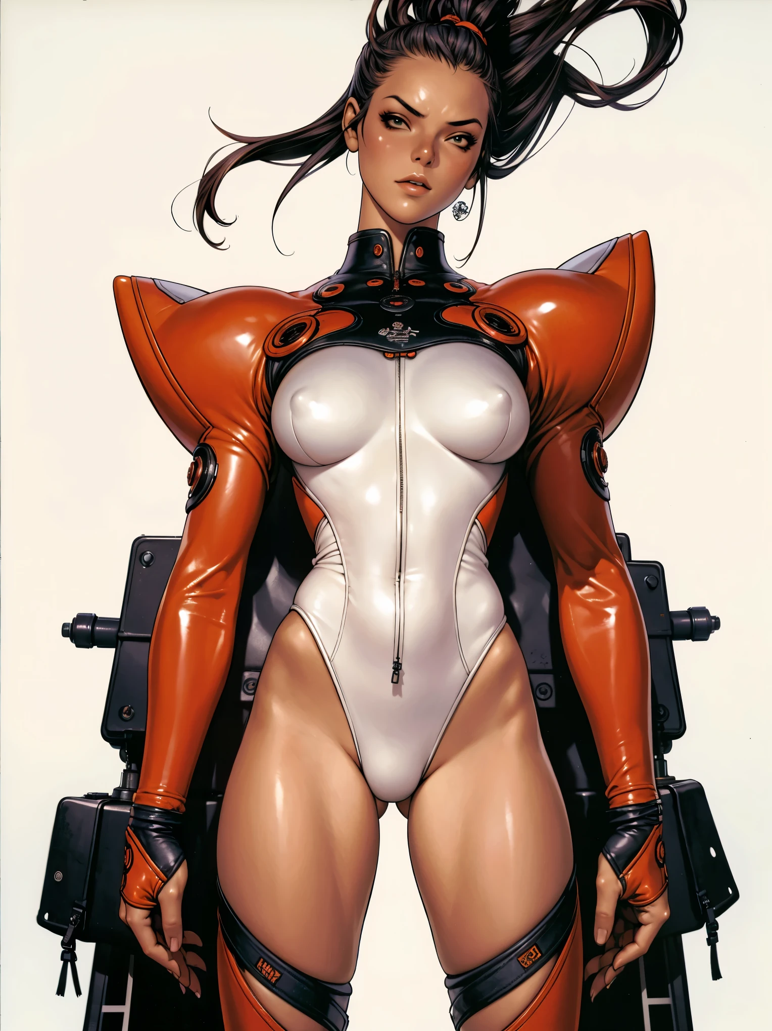 (((Grace Jones))), (((red suit))), (((back view))), (((perfect ass))), ((( soldier suit ))), (((Black short haircut))), (((Afro girl))), ((high collar)), (((red army suit))), (((best qualityer: 1.4))), (Unbeatable masterpiece), (hiper HD),(CG 8k hyper-realistic), (((brave face))), (((breasts big))), (((hyper feminine))), sexly girl, ((( sculptural body ))), (((1 Kizi))), Kizi cibernética de 25 anos com perfectbody,,Beautiful and well-groomed face,muscular body:1.2,solid color detailed jacket, (Head to thigh photos), Complex equipment, green dark,Long pants,Tight clothes are dark,With white stars and off-white stripes,,,,,Armor Metal Electronic Parts, Poison tattoos ) INFO, Kizi, (((standing alone))), pirralha violent, ((())), sexly, pose de atitude, work of art, post-apocalypse, (((manga style))), bounty hunter, violent, Manic, the way you want, slenderbody, thin but strong, perfectbody, roupa moderna, advanced technology, neon, sleeves with vertical striped pattern, neutral background, (( cowboy shot )). intricate visual