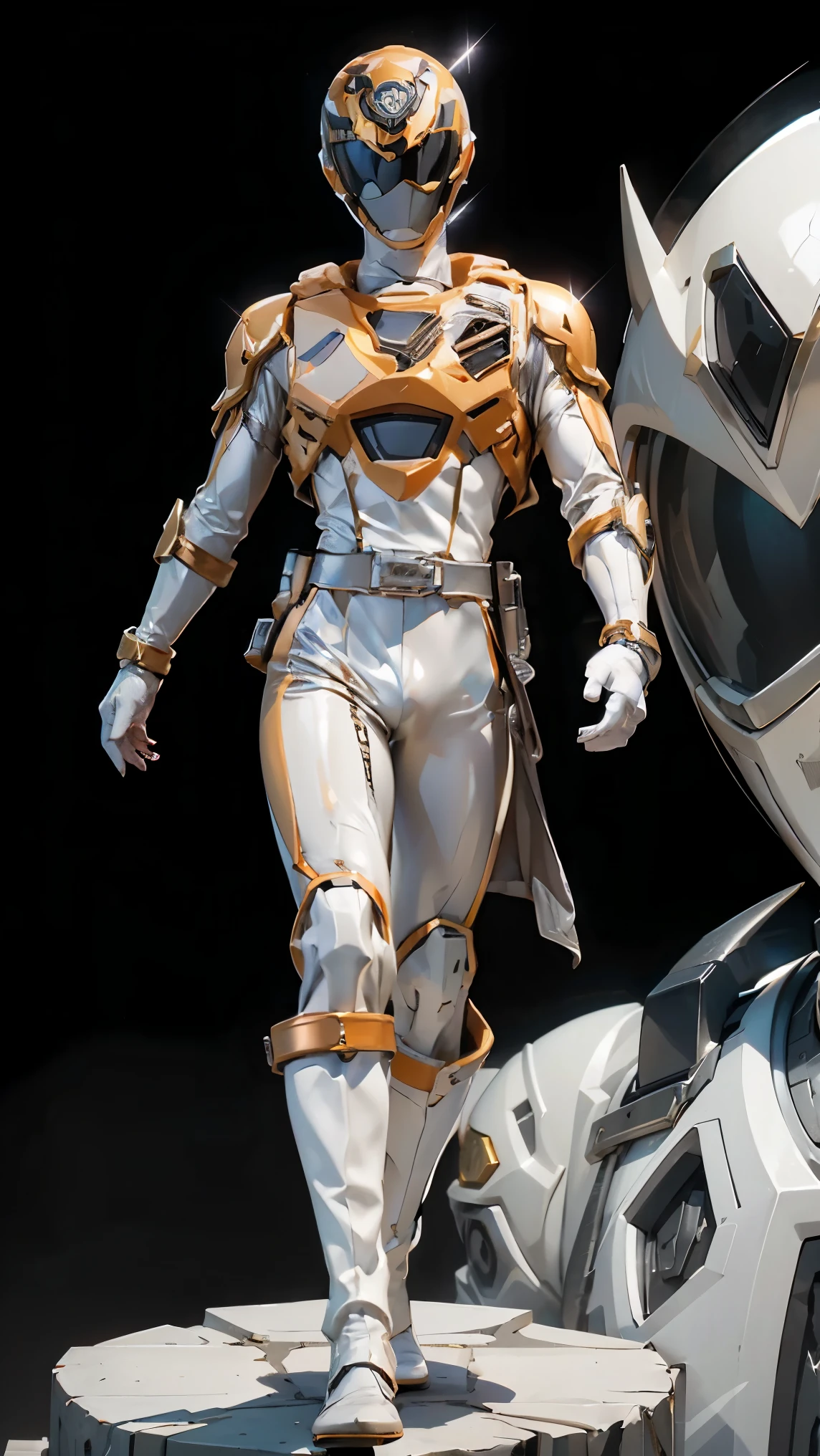 1boy, full body, Illustration, cinematic light, high resolution, best quality, ultra detailed, masterpiece, power suit, powerranger, suit, spd, (Silver and Gold chestplate), gold detail, (((white suit))), dynamic pose, Police pose,