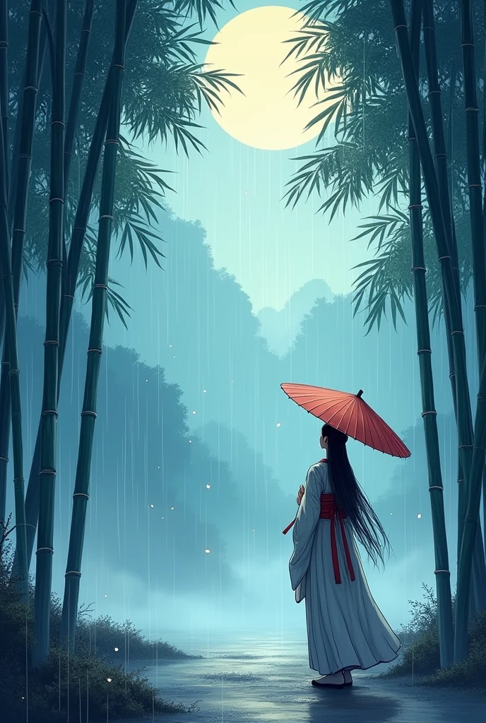 dynamic ink painting of a bamboo grove of japan, great art, great sense of depth, ground level shot, the most beautiful bamboo grove in the world, bamboo leaves shining through rainwater, moon\(pale blue\) with a light overcast,solo, beautiful 1girl\(ancient Japanese noble, beautiful kimono, beautiful long black hair\) looking up at the moon holding an umbrella,raining softly, fireflies flying around, bamboo leaves are placed three-dimensionally in the foreground, long shot,colorless,full body