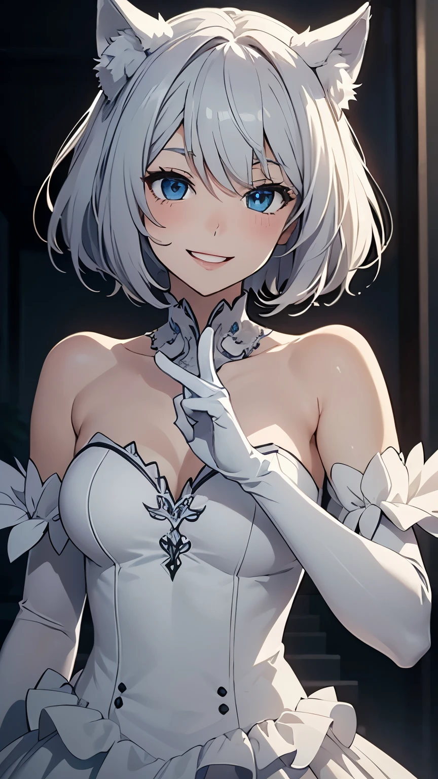 Tabletop High resolution Best image quality 8k Adult female Anime Style White long gloves(Elbow Gloves) Wedding dress(Strapless)(Frills) White Stockings White wolf ears short hair((Shortcuts)(Gray Hair)(Perm)(fluffy)) blue eyes Attractive face((Laughter)(smile)(Open your mouth)) Are standing peace sign