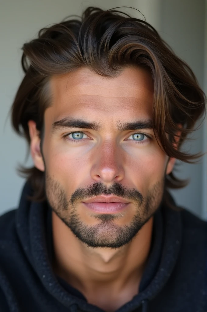 A men with model physic, very little beard, semi long hair, cute blue eyes, slim nose, slim lips