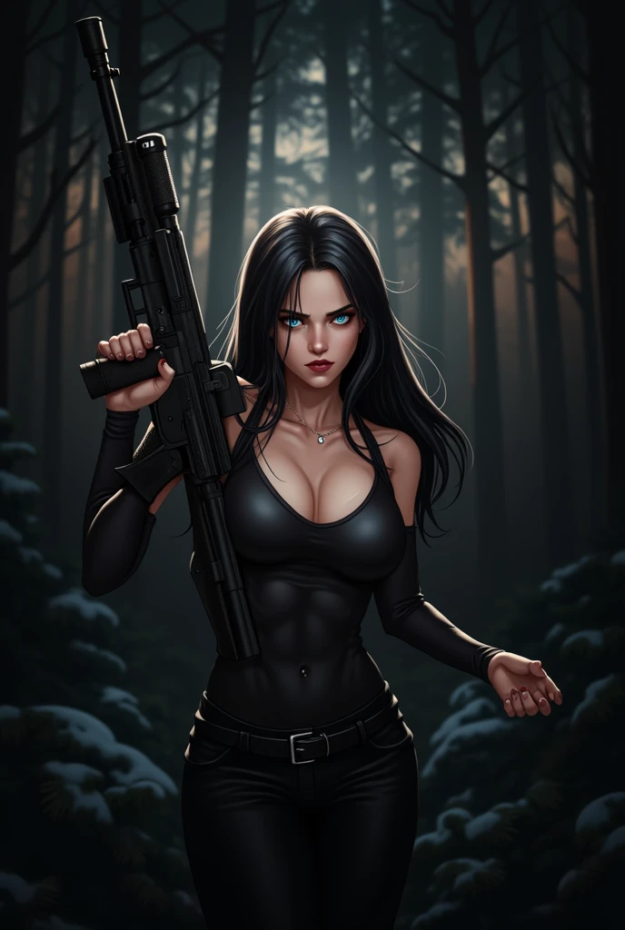 Long jet black hair, (sapphire blue eyes), angry young woman, (detailed eyes), full lips, dressed in black, (holding M249 machine gun), dark dynamic pose, (8k, RAW photo, photorealistic), (lots of eyelashes, best quality, ultra high resolution, depth of field, wide light, natural color, image from a distance, hair with many details, beautiful, Megan Fox, medium breasts, 8k artgerm bokeh, fanart best artstation, photorealistic render, art in the style of guweiz, inspired by WLOP, ig model | artgerm, deviantart artstation cgscosiety, forest background with snow, landscape view, full image, full body, scenery