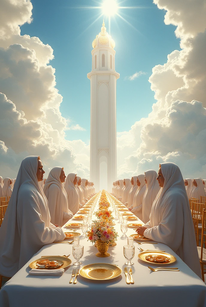 Create an extremely long table with a large white chair in the background with a white tablecloth and flower centerpieces, dressed up like for a wedding, with gold plates and cups, and golden chairs and men and women dressed in white robes coming to sit on the chairs among the clouds of the sky