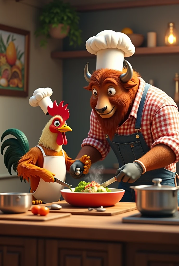 generate an animated image of a friendly cooking rooster to a muscular American buffalo cook