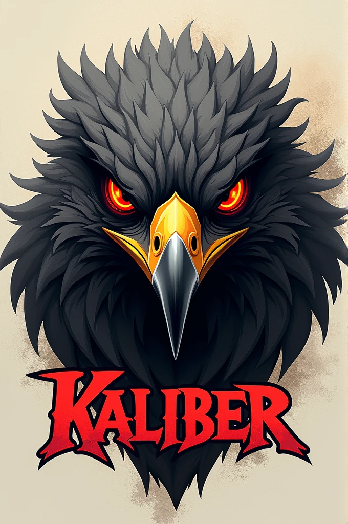 Flaming red eyed hawk with the word kaliber below it