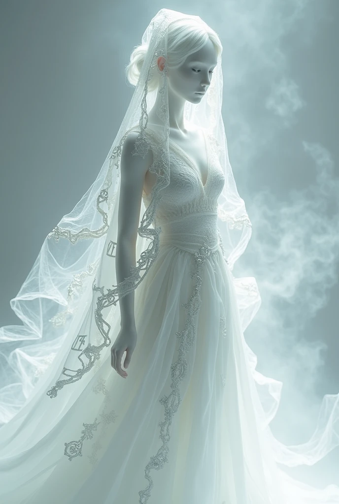 A genderless humanoid silhouette made of carved crystal. Your face is a smooth, reflective surface. Wears white robes made of a light, flowing fabric, with silver details like a large web of cobwebs. Its translucent body is filled with a white mist where silver runes float freely., imagem sem fundo