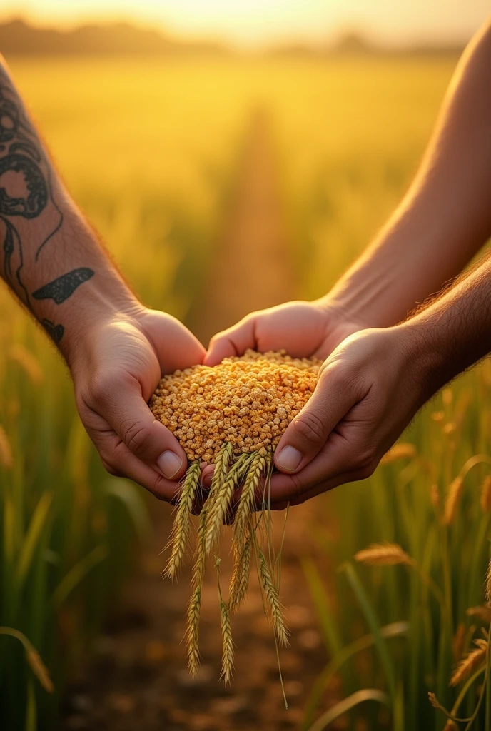 Ears of wheat falling into the open hands of an adult. Harvest concept