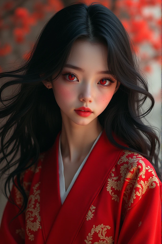 pretty girl, black wavy hair, Eyes red, red kimono, 