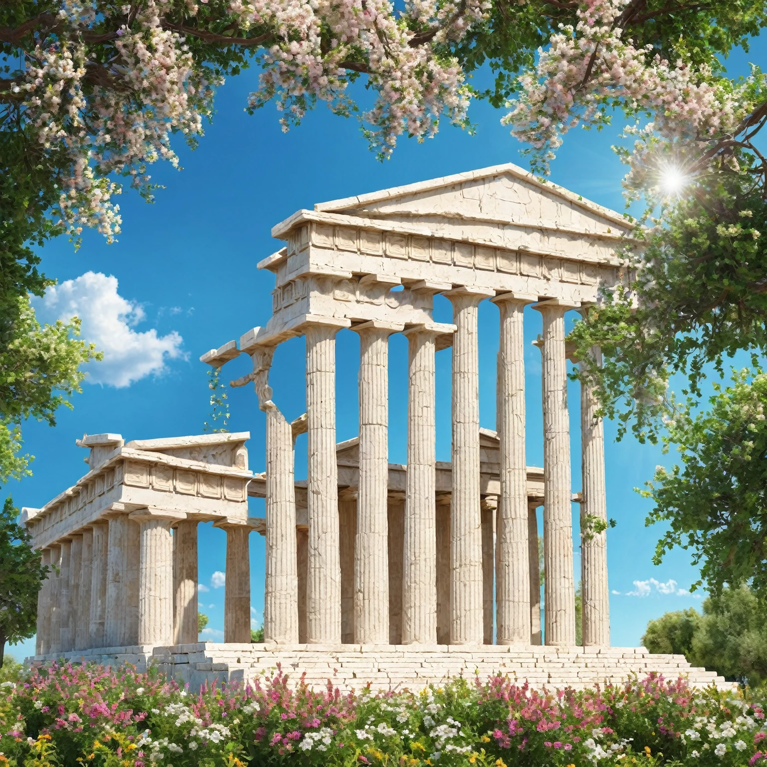 exterior façade of a greek temple, sunny sky, trees, flowers & bushes, nature, background