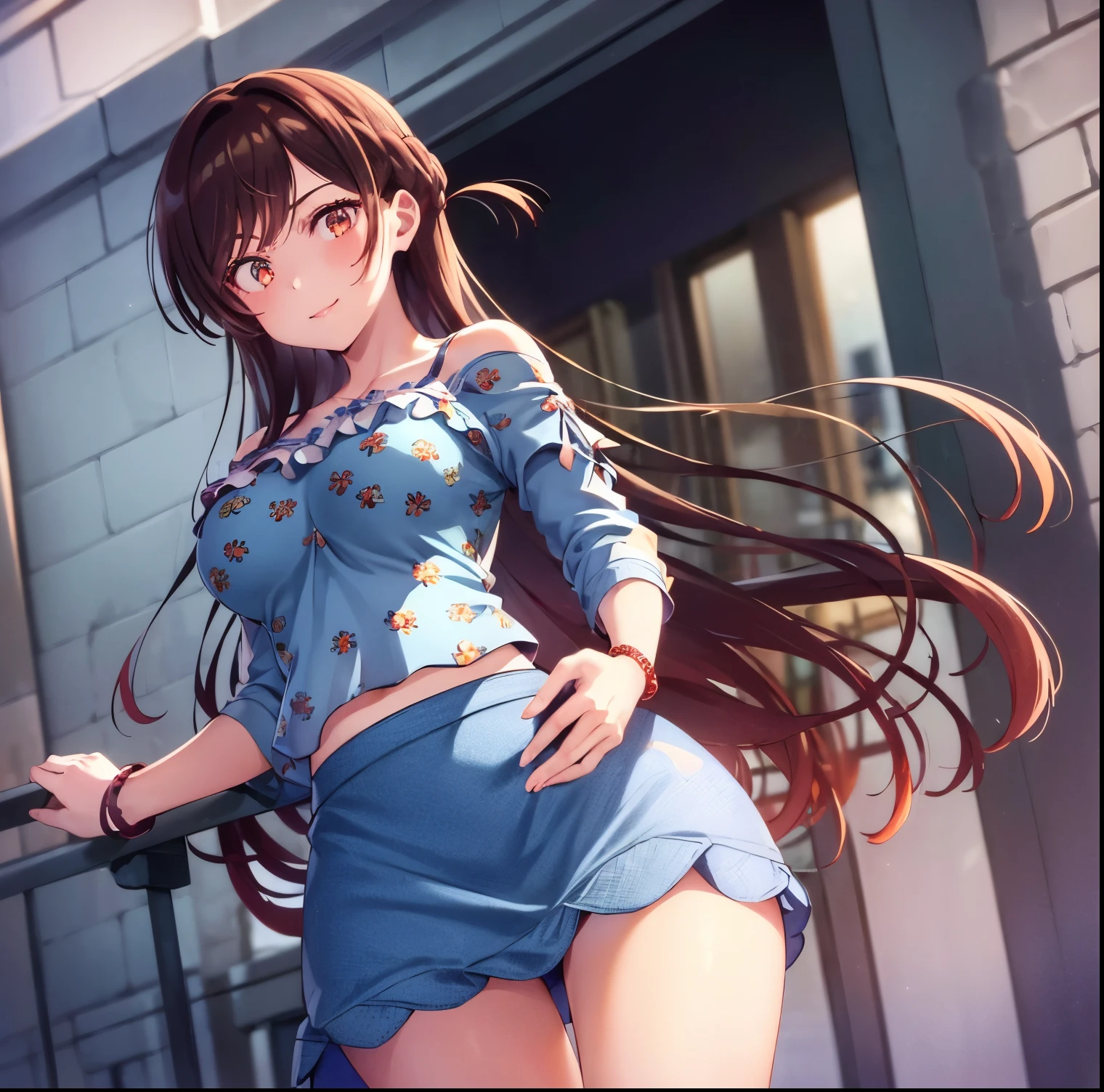 ((1girl)),((alone)),Chizuru Mizuhara, (kanokari),(masterpiece), (best quality), (ultra detailed), (best illustration), (best shadow), (absurdities), sharp focus , cowboy photo, atmospheric perspective, depth of field, dynamic posture looking at the viewer, big breasts, narrow waist, wide hips, wide thighs, round butt, erotic, romantic, (highly detailed eyes, lips 1.1), highly detailed eyes, eyes, Very detailed face, Very pretty face, Symmetrical face, Aesthetic face, perfect face, perfect eyes, detailed eyelashes: 1.5), full height, beautiful slender figure, femininity, expressive appearance, elastic big breasts, sexuality, half-open lips, eyes brown,Long hair, brown hair, braid, one side up, bangs, (( bracelet:1.2)), ((bare shoulders:1.3)), ((blue shirt:1.4)), tight shirt:1.3,(( floral print:1.2)), short sleeves, ((off shoulder shirt:1.3)), ruffles:1.2,(( blue skirt:1.4)), pleated skirt, ((short skirt:1.2)), bare arms, legs naked, black heels: 1.2, hand on hip, curves, defined body, perfect and beautiful body, perfect and beautiful, closed mouth, flirtatious expression, smile, blush, (sexy pose: 1.2), ((solo)), standing : 1.3,( (exterior, cityscape, streets, city, day, sunny, buildings, light reflection,)), looking forward, ((focus on hips:1.4)), point of view: (from below ), perfect anatomy, perfect hands