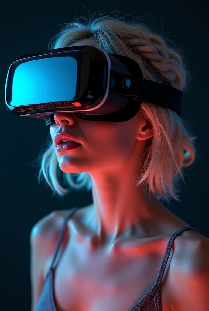 Highest quality、High resolution、Detailed Background、(Beautiful face in every detail:1.4)、Anatomically correct、Normal number of fingers、Highly detailed face、Detailed eyes、Teenage beauty、Perfect body line、Light color hair、Braided bob cut、ponytail、well-groomed eyebrows、Extremely excited、

(Excited girl wearing VR goggles in a dark room:1.5)、

His eyes are wide open and he is immersed in the experience inside the goggles.、Mouth slightly open or smiling widely、A part of the body is moving slightly、Your hands are shaking slightly or your body is swaying back and forth、A slight redness on the face and neck due to an increased heart rate、Totally immersed