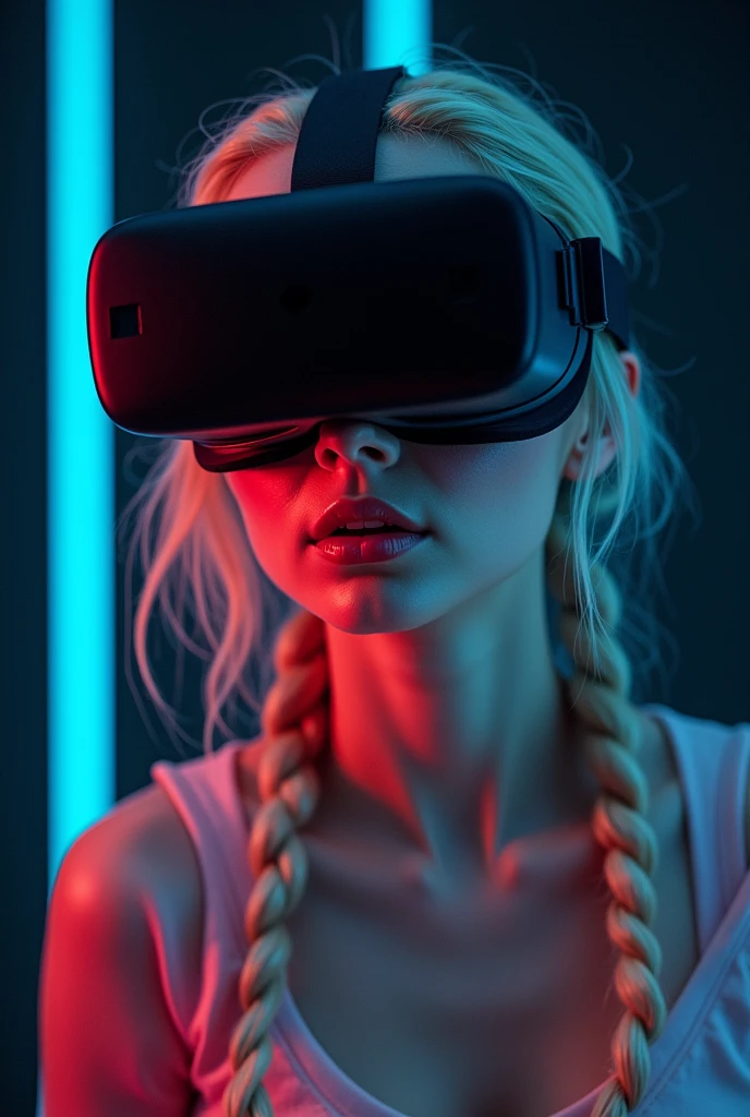 Highest quality、High resolution、Detailed Background、(Beautiful face in every detail:1.4)、Anatomically correct、Normal number of fingers、Highly detailed face、Detailed eyes、age beauty、Perfect body line、Light color hair、Braided bob cut、ponytail、well-groomed eyebrows、Extremely excited、
(Excited girl wearing VR goggles in a dark room:1.5)、
His eyes are wide open and he is immersed in the experience inside the goggles.、Mouth slightly open or smiling widely、A part of the body is moving slightly、Your hands are shaking slightly or your body is swaying back and forth、A slight redness on the face and neck due to an increased heart rate、Totally immersed