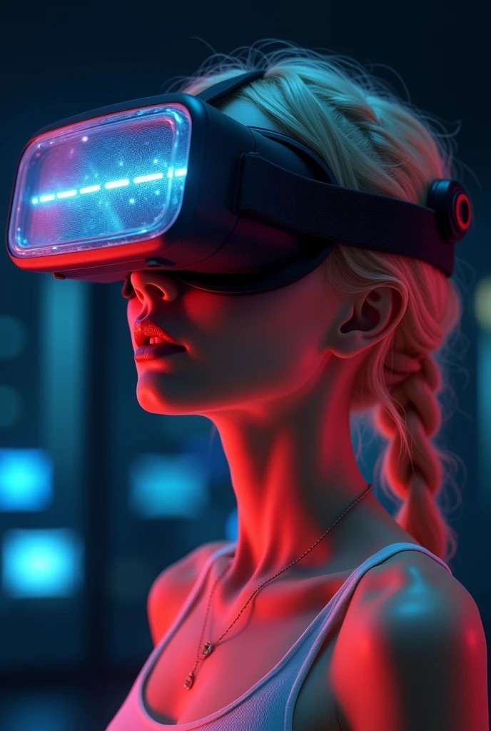 Highest quality、High resolution、Detailed Background、(Beautiful face in every detail:1.4)、Anatomically correct、Normal number of fingers、Highly detailed face、Detailed eyes、Teenage beauty、Perfect body line、Light color hair、Braided bob cut、ponytail、well-groomed eyebrows、Extremely excited、
(Excited girl wearing VR goggles in a dark room:1.5)、
His eyes are wide open and he is immersed in the experience inside the goggles.、Mouth slightly open or smiling widely、A part of the body is moving slightly、Your hands are shaking slightly or your body is swaying back and forth、A slight redness on the face and neck due to an increased heart rate、Totally immersed