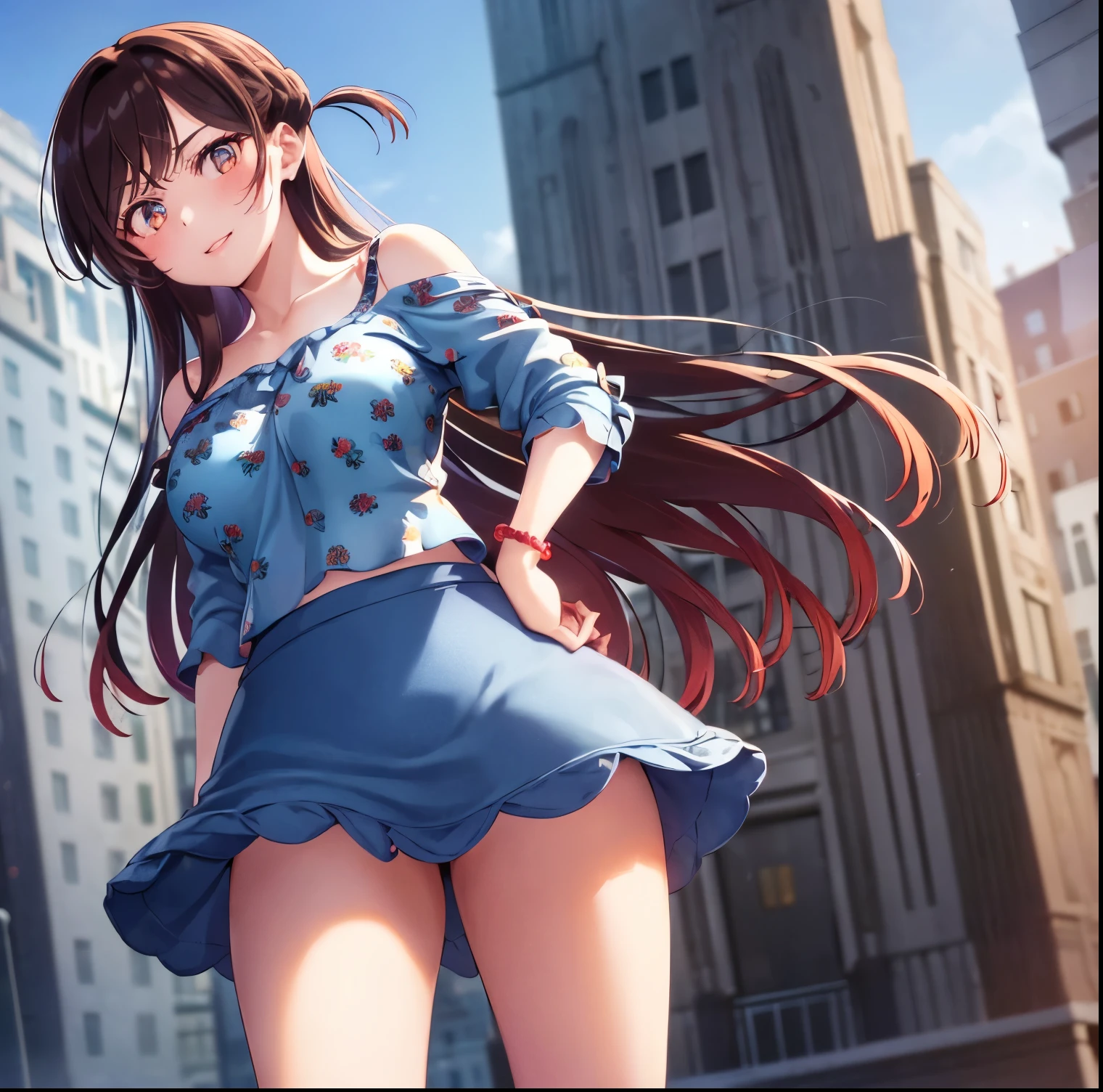 ((1girl)),((alone)),Chizuru Mizuhara, (kanokari),(masterpiece), (best quality), (ultra detailed), (best illustration), (best shadow), (absurdities), sharp focus , cowboy photo, atmospheric perspective, depth of field, dynamic posture looking at the viewer, big breasts, narrow waist, wide hips, wide thighs, round butt, erotic, romantic, (highly detailed eyes, lips 1.1), highly detailed eyes, eyes, Very detailed face, Very pretty face, Symmetrical face, Aesthetic face, perfect face, perfect eyes, detailed eyelashes: 1.5), full height, beautiful slender figure, femininity, expressive appearance, elastic big breasts, sexuality, half-open lips, eyes brown,Long hair, brown hair, braid, one side up, bangs, (( bracelet:1.2)), ((bare shoulders:1.3)), ((blue shirt:1.4)), tight shirt:1.3,(( floral print:1.2)), short sleeves, ((off shoulder shirt:1.3)), ruffles:1.2,(( blue skirt:1.4)), pleated skirt, ((short skirt:1.2)), bare arms, legs naked, black heels: 1.2, hand on hip, curves, defined body, perfect and beautiful body, perfect and beautiful, closed mouth, flirtatious expression, smile, blush, (sexy pose: 1.2), ((solo)), standing : 1.3,( (exterior, cityscape, streets, city, day, sunny, buildings, light reflection,)), looking forward, ((focus on hips:1.4)), point of view: (from below ), perfect anatomy, perfect hands